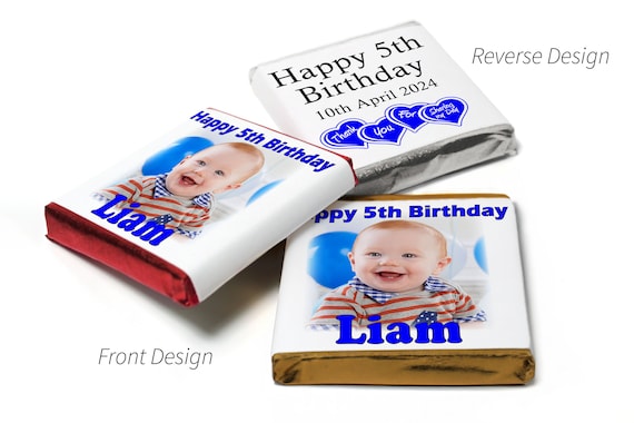 Birthday Gifts - Personalised Favours - Neapolitan Chocolates, - Blue Text with Image & Age