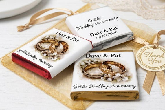 Golden Wedding Anniversary Favours | Personalised Neapolitan Chocolates for 50th Celebration | Custom Elegant Guest Gifts V4