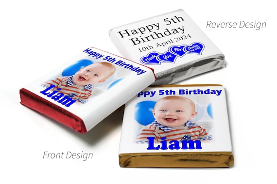 Birthday gifts - personalised favours - neapolitan chocolates, - blue text with image & age