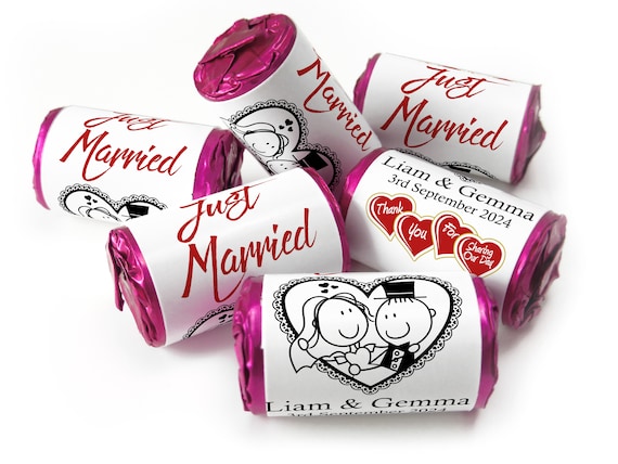 Wedding Sweets - Personalised Wedding Favours - Love Heart Sweets with Inner Foil choices - Cartoon, V14