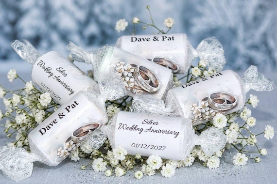 Silver Wedding Anniversary Favours | Personalised 25th Party Love Heart Sweets for Guests | Custom Names & Date Candy Gifts V4