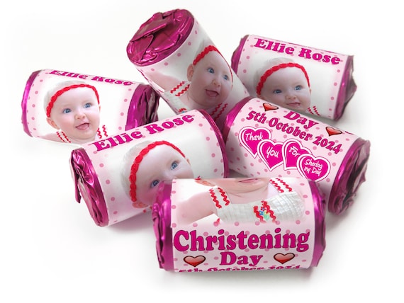 Christening Favours, Personalised Love Heart Sweets with Inner Foil choices - Girl with your image - V1