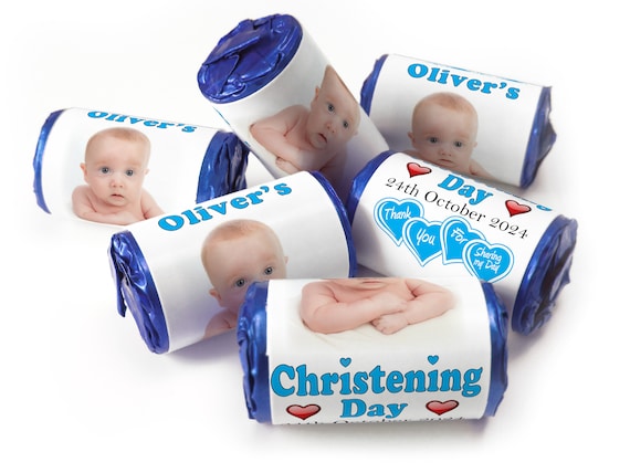 Christening Favours, Personalised Love Heart Sweets with Inner Foil choices - Boy with your image - V0