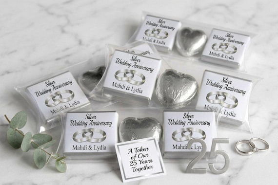 Silver Wedding Anniversary Personalised Trio Chocolates | 25th Wedding Favour Gifts for Guests | Custom Chocolate Squares & Heart Sweets V1