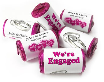 Engaged Sweets - Personalised Engagement Favours - Love Heart Sweets - Silver Rings / Pink Text - V0