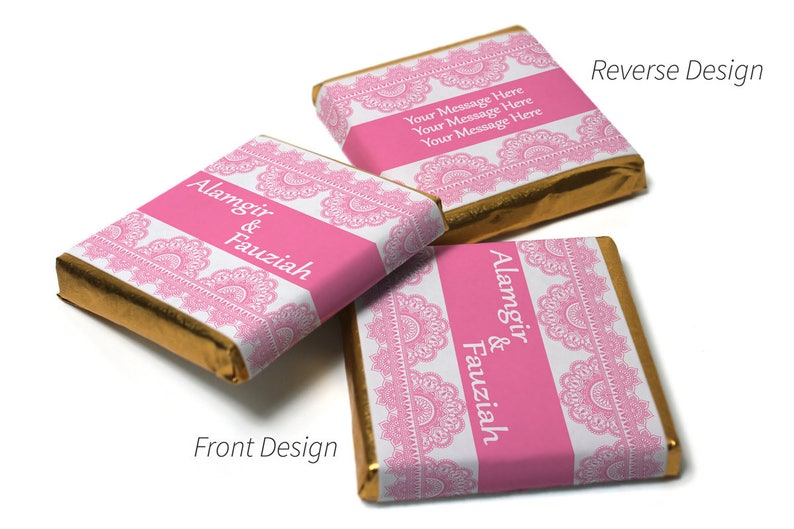 Mehndi / Wedding Chocolates Personalised Favours Neapolitan Chocolates Baby Pink Banner Gold
