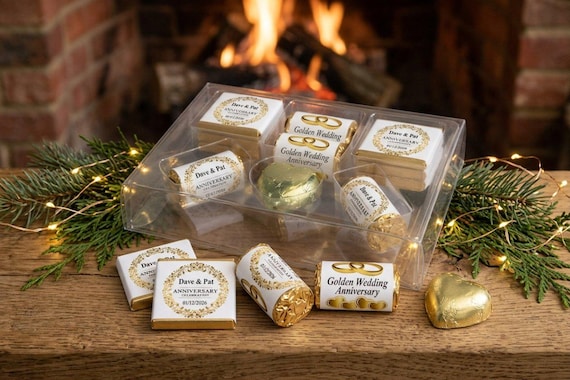 Golden Wedding Anniversary Personalised Favours Combo Box | Custom Neapolitan Chocolates & Heart Sweets for Guests V3