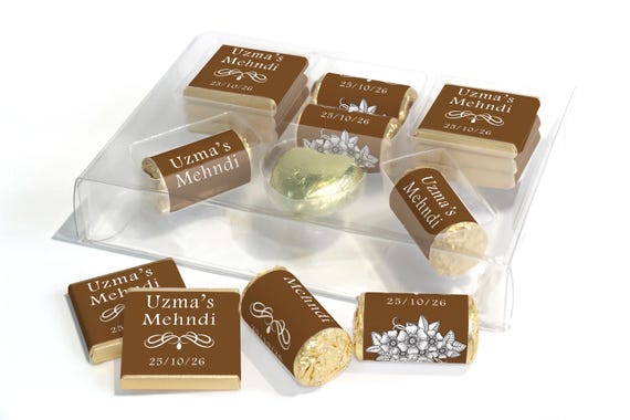 Mehndi Combo Box - Personalised Favours - Neapolitan Chocolates/Heart/Love Heart Sweets - Brown V1