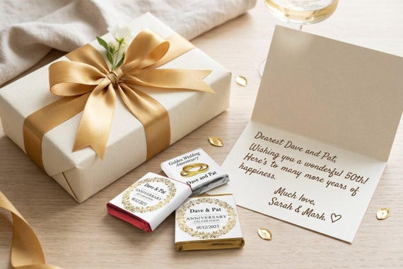 Personalised Golden Wedding Anniversary Chocolates | Custom 50th Wedding Celebration Favors | Engraved Chocolate Squares V3