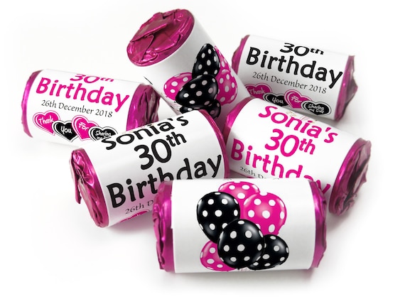 Birthday Gifts - Personalised Favours - Love Heart Sweets with Inner Foil choices - Pink or Black text with Birthday Age