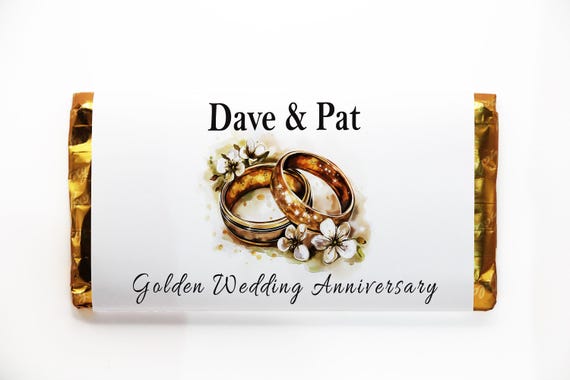 Golden Wedding Anniversary Galaxy Chocolate Bars - Personalised Favours - 100g Milk Chocolate Bars V4