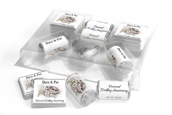 Diamond Wedding Anniversary Large Combo Box - Personalised Favours - Neapolitan Chocolates/Heart/Love Hearts - V4