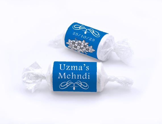Mehndi Wedding Sweets - Personalised Favours - Love Heart Sweets, Mehndi GIFTS - V1 - Blue