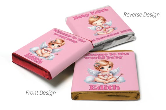 Baby Shower Favours - Milk Chocolate Neapolitan Squares with Personalised Labels, Girl, Party Bag Fillers, Baby Reveal, V6