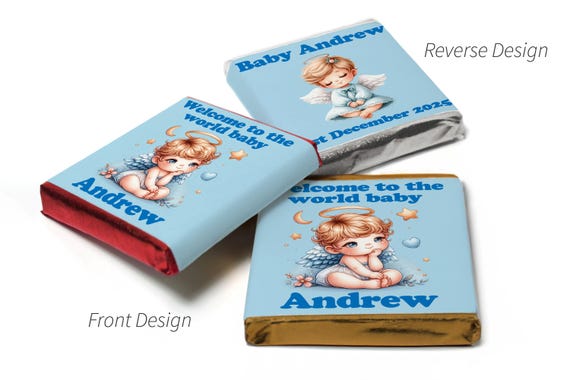 Baby Shower Favours - Milk Chocolate Neapolitan Squares with Personalised Labels, Party Bag Fillers, Baby Reveal, Boy V6