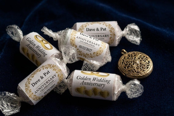 Golden Wedding Anniversary Favours | Personalised 50th Anniversary Love Heart Sweets for Guests | Custom Party Gifts V3