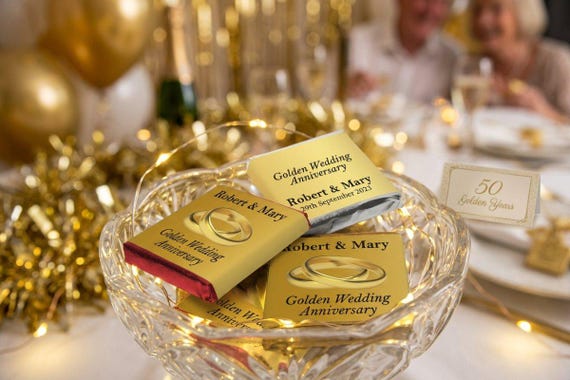 Golden Wedding Anniversary Favours | Personalised 50th Anniversary Chocolate Gifts for Guests | Custom Party Sweets V1