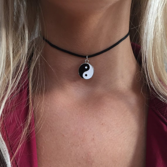 Yin Yang Black & White Choker Necklace Black Cord Choker 90s