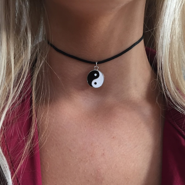 Yin Yang Black & White choker necklace black cord choker 90s choker on satin cord