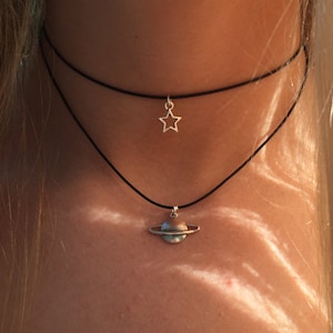 Double choker necklace silver star and planet charms 90s Layered choker necklace on black cord