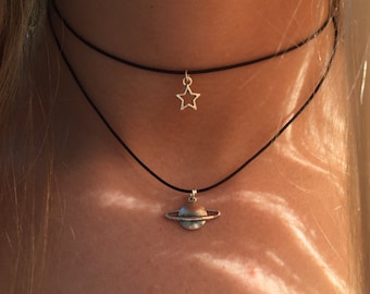 Double choker necklace silver star and planet charms 90s Layered choker necklace on black cord