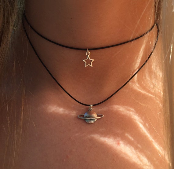 Double Choker Necklace Silver Star and Planet Charms 90s Layered
