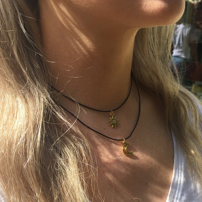 Double Choker Necklace Silver / Gold Sun and Moon Charms 90s Etsy