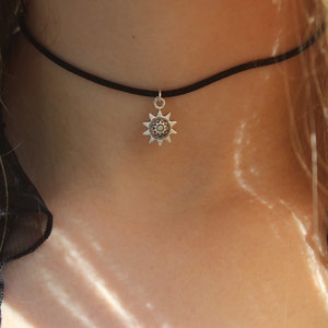 Sun choker necklace silver sunflower 90s choker necklace on black cord