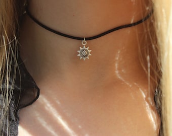 Sun choker necklace silver sunflower 90s choker necklace on black cord