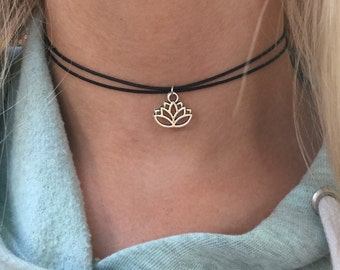 Lotus Flower Black Cord Choker 90s Choker