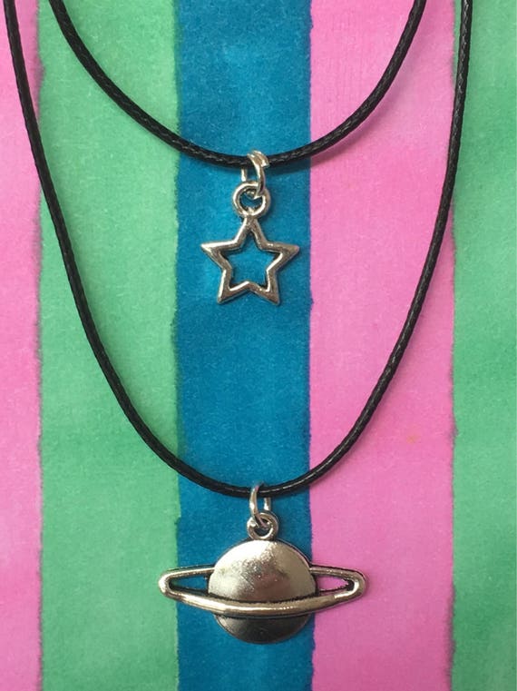Double Choker Necklace Silver Star and Planet Charms 90s