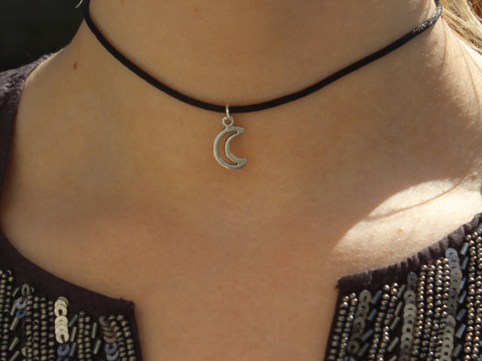 Moon Choker Necklace on Black Cord 90s Silver / Gold Moon Etsy