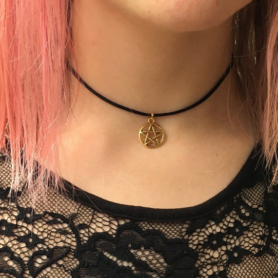 Black Cord Choker Necklace Silver Gold Pentagram 90s Choker Necklace on Black Cord Etsy