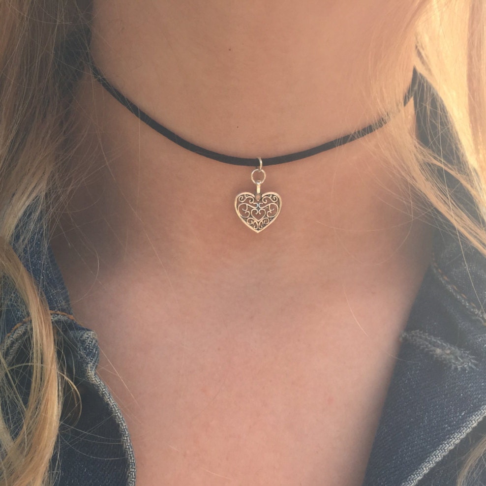 Black Choker Heart 2 Row Necklace