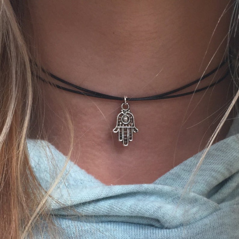 Hamsa Hand Evil Eye Choker 90s Choker Black Cord Choker Etsy