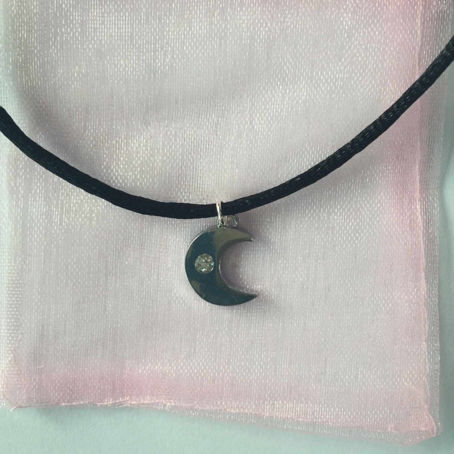 Moon Choker Necklace With Diamond Effect Inset 90s Black Cord Etsy