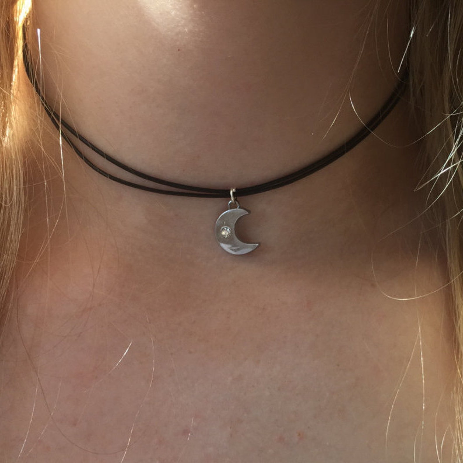 Moon Choker Necklace With Diamond Effect Inset 90s Black Cord Etsy