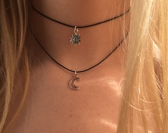 Double choker necklace silver / Gold sun and moon charms 90s Layered choker necklace on black cord