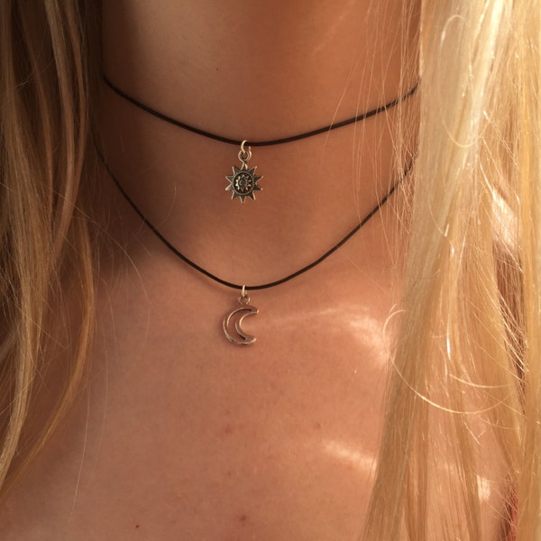 Double choker necklace silver / Gold sun and moon charms 90s Layered choker necklace on black cord