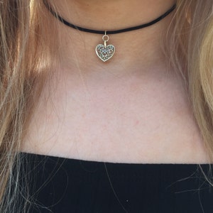 Silver Lace Heart Choker Necklace - 90s Black Cord Choker - Etsy