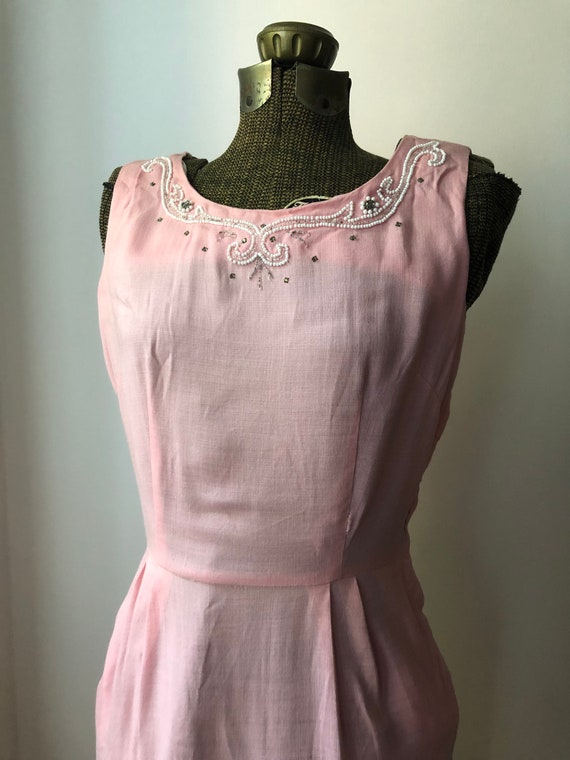 Vintage Pink Cocktail Dress with Beaded Neckline,… - image 2