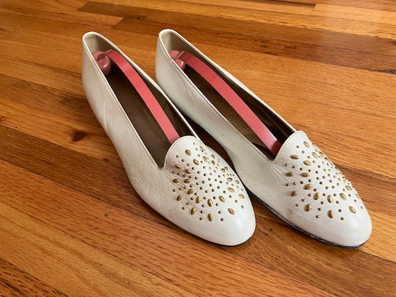 Vintage 1980s White Leather Loafers with Studs - image 1