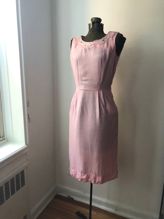 Vintage Pink Cocktail Dress with Beaded Neckline,… - image 3