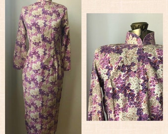 Vintage Mockneck Sheath Dress, Purple Floral Pattern, 1960s