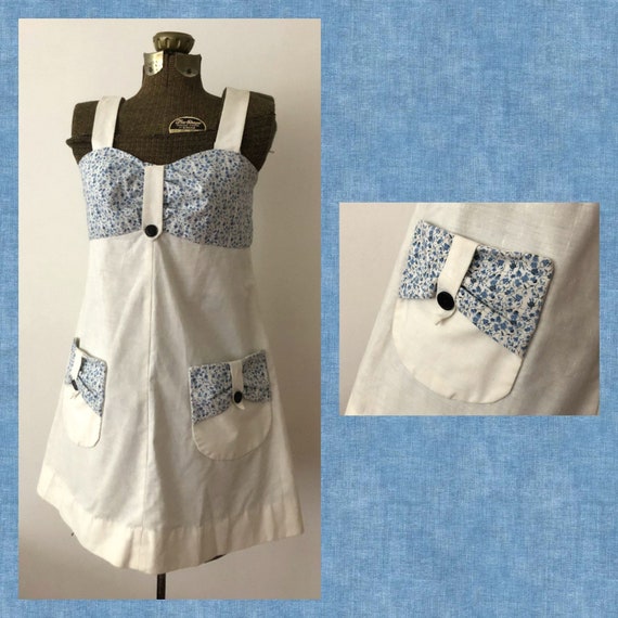 Vintage Linen Summer Dress, Blue & White, 1960s - image 1