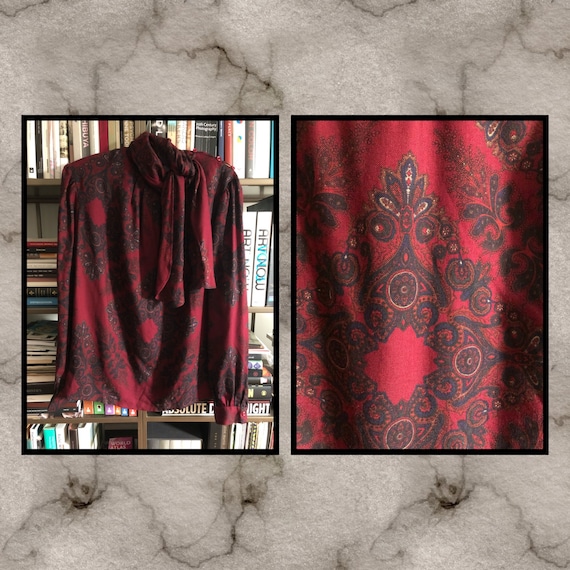 Vintage Dark Red Paisley Knit Blouse, 1970s - image 1