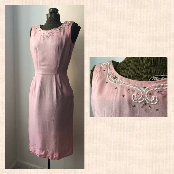 Vintage Pink Cocktail Dress with Beaded Neckline,… - image 1