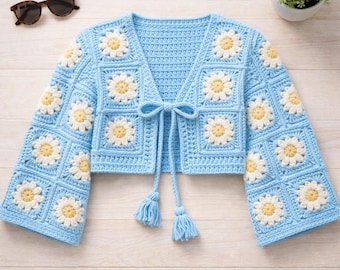 Patrón de cárdigan de ganchillo Daisy Grandma Square, top de ganchillo floral en PDF, patrón de suéter bohemio vintage, patrón de ganchillo apto para principiantes.