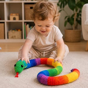 Amigurumi ormmönster, regnbågsormsvirkmönster, realistisk ormleksak, virkat djur, virkmönster för plysch, enkel virkhandledning