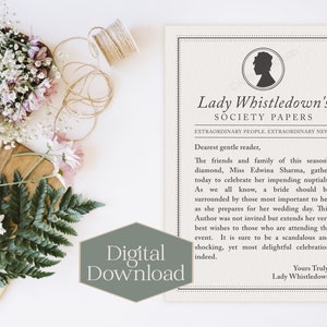 Custom Lady Whistledown Card | Bridgerton | Geïnspireerd door Society Papers | Probleemloos ontwerp | Afdrukbaar | Vrijgezellenfeest | Verjaardag | Baby
